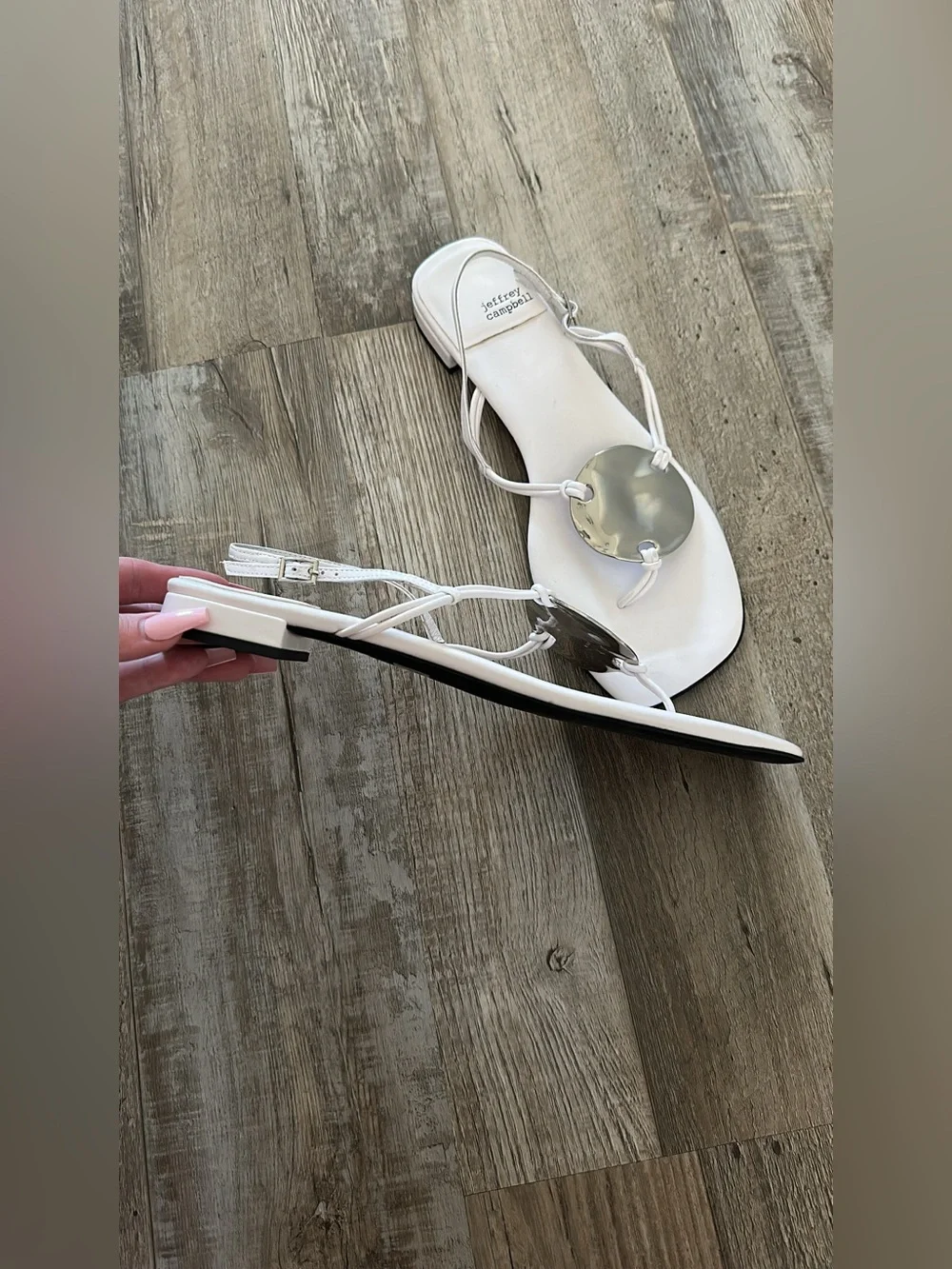 Jeffrey Campbell White Leather Thong Sandals with Silver Accent